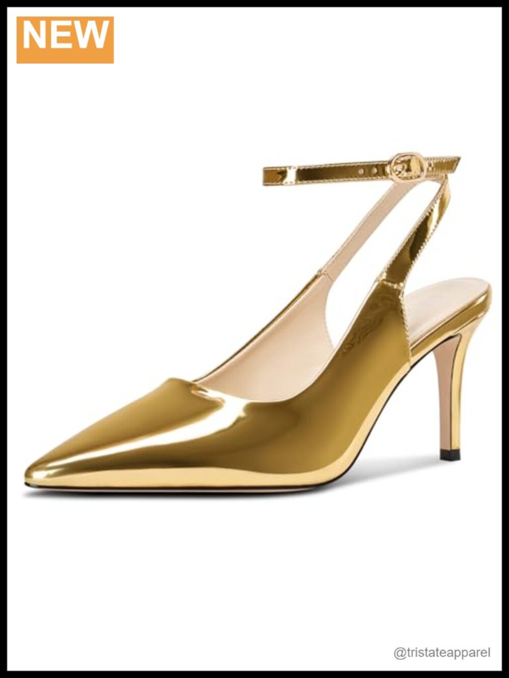 Pointed Toe Slingback Stiletto High Heels Ankle Strap Patent Leather Pumps